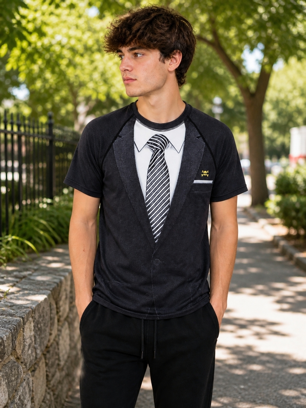 Men's Black Novelty Faux-Tux Tee with Tie Print
